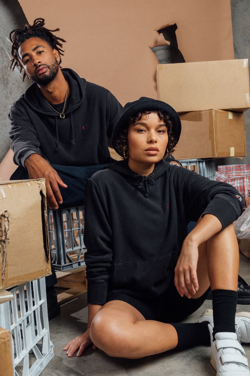 champion sustainable rebound washed black collection drop 2 bucket hat hoodie bike shorts sneakers socks