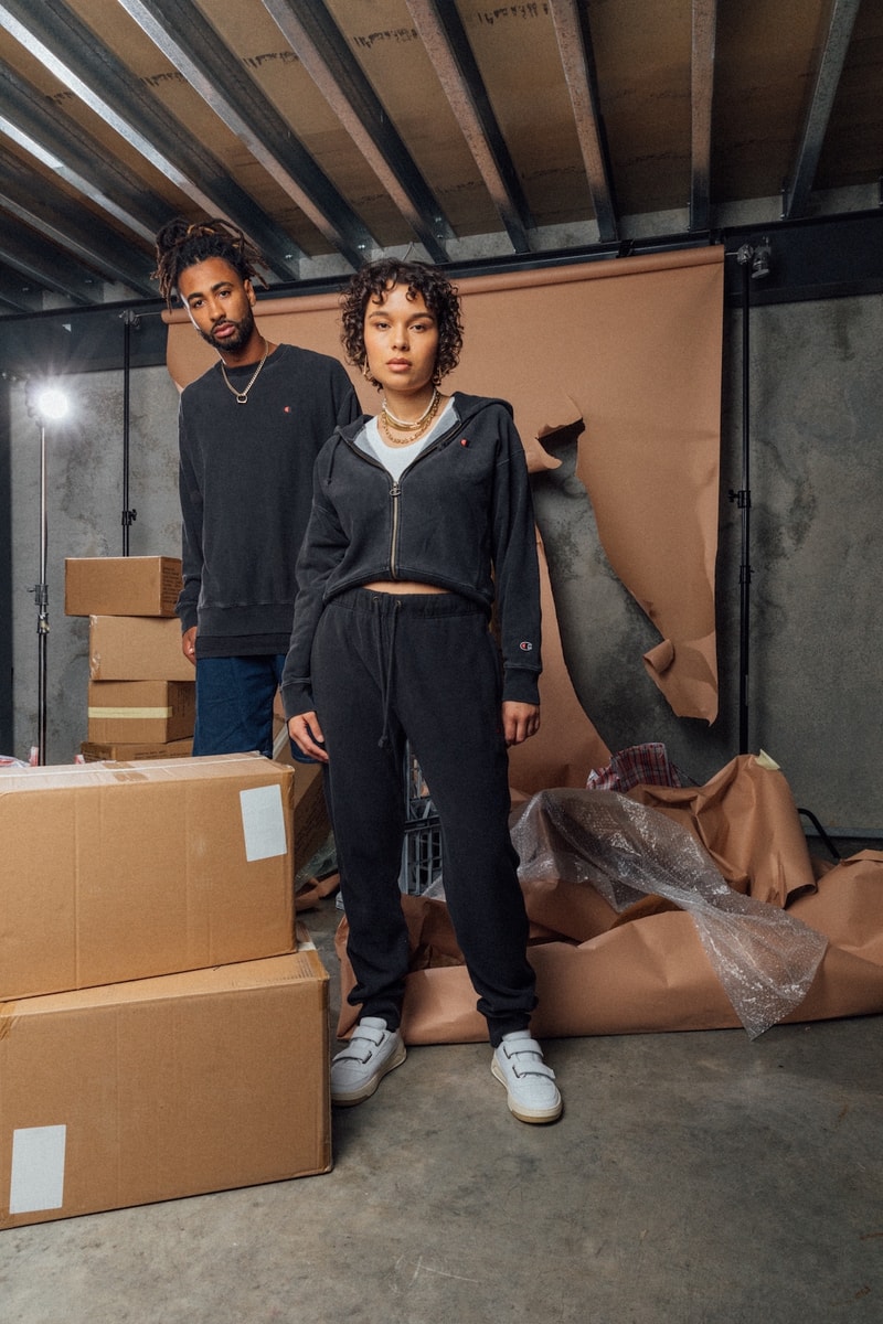 champion sustainable rebound washed black collection drop 2 hoodie tee sweatpants sneakers boxes
