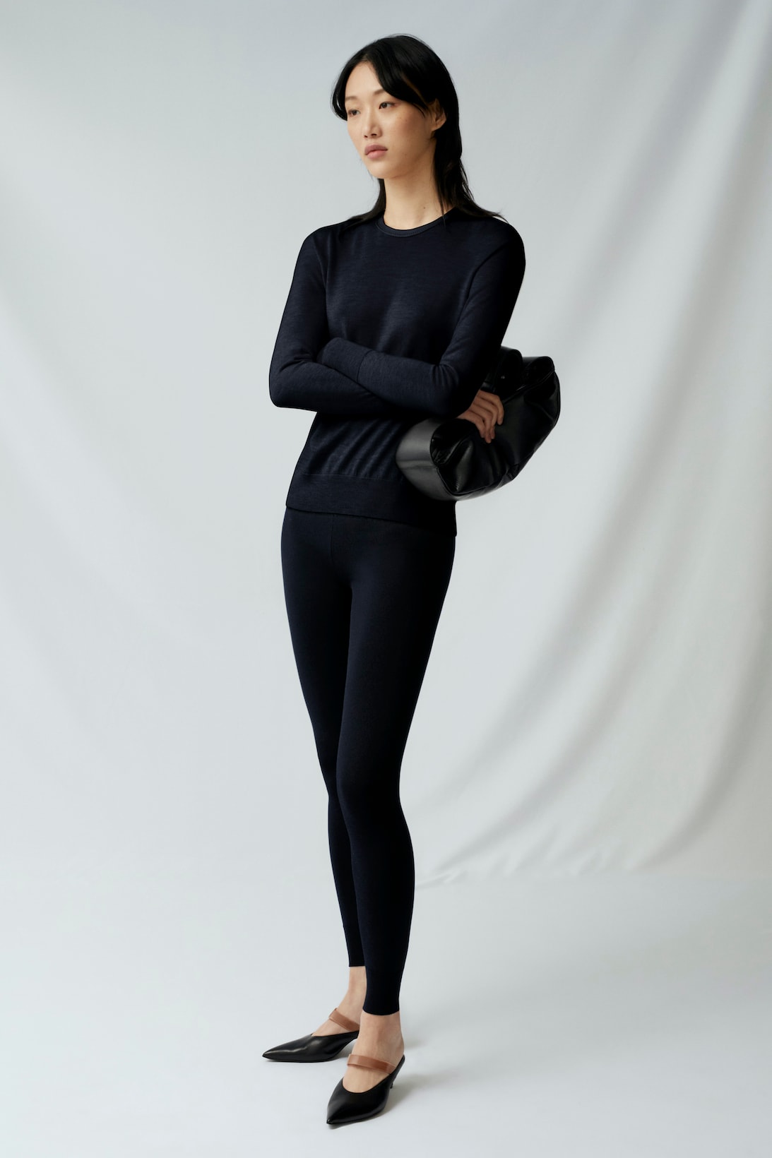 sora choi cos spring womenswear summer collection lookbook black sweater leggings pursue bag heels sandals shoes