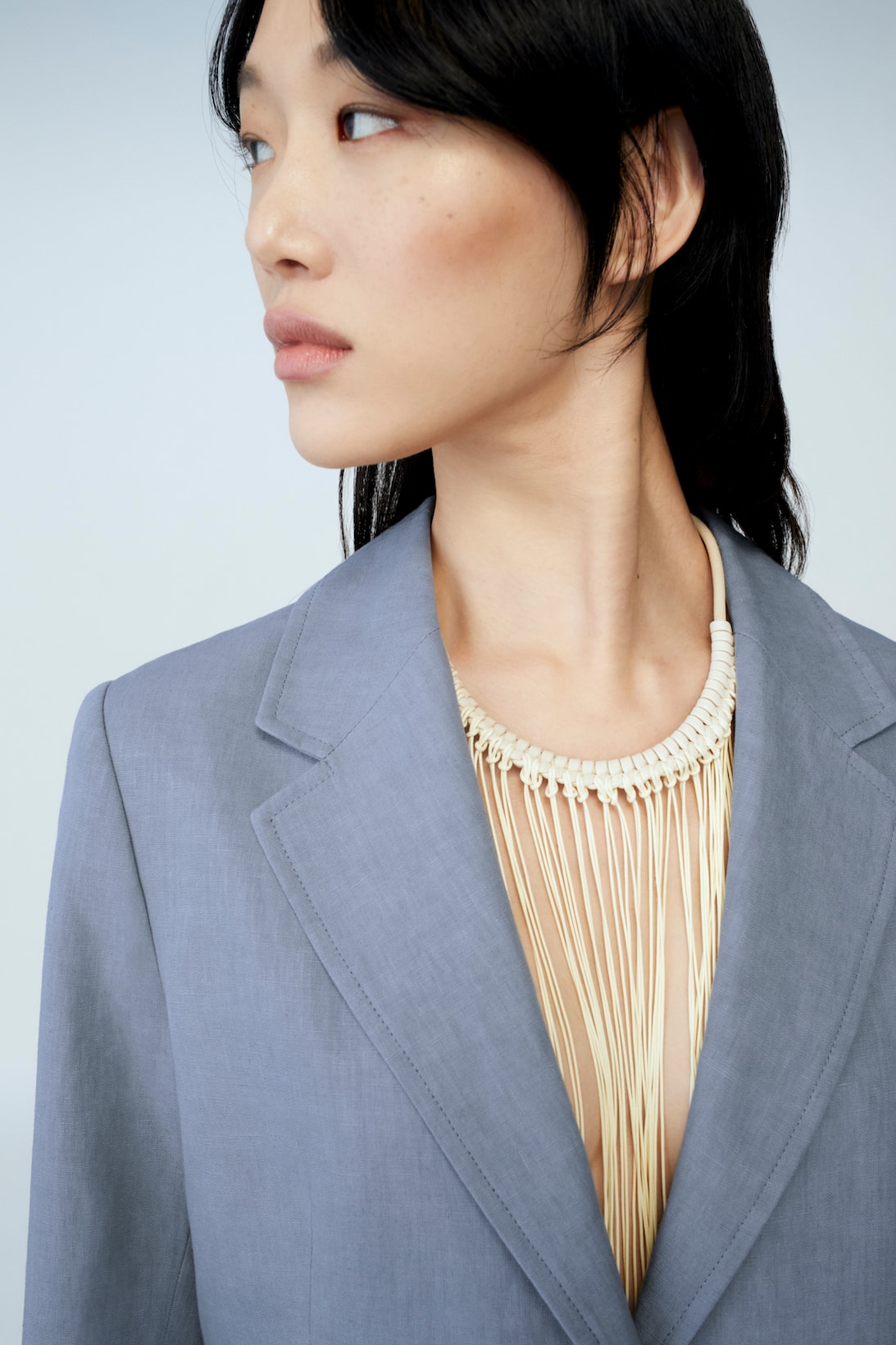 sora choi cos spring womenswear summer collection lookbook white fringe necklace gray blue jacket outerwear