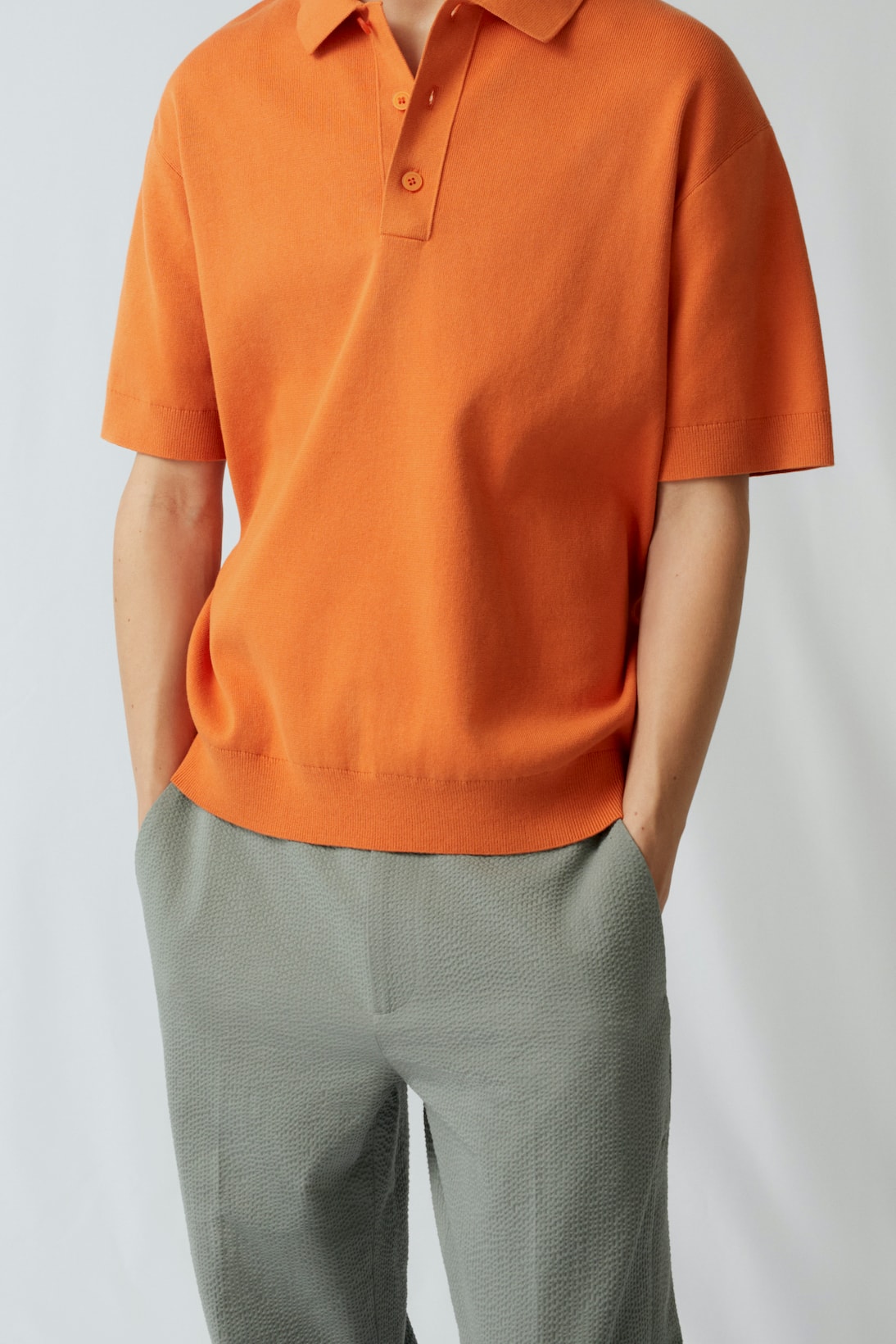 cos spring menswear summer collection lookbook orange collar t shirt gray pants