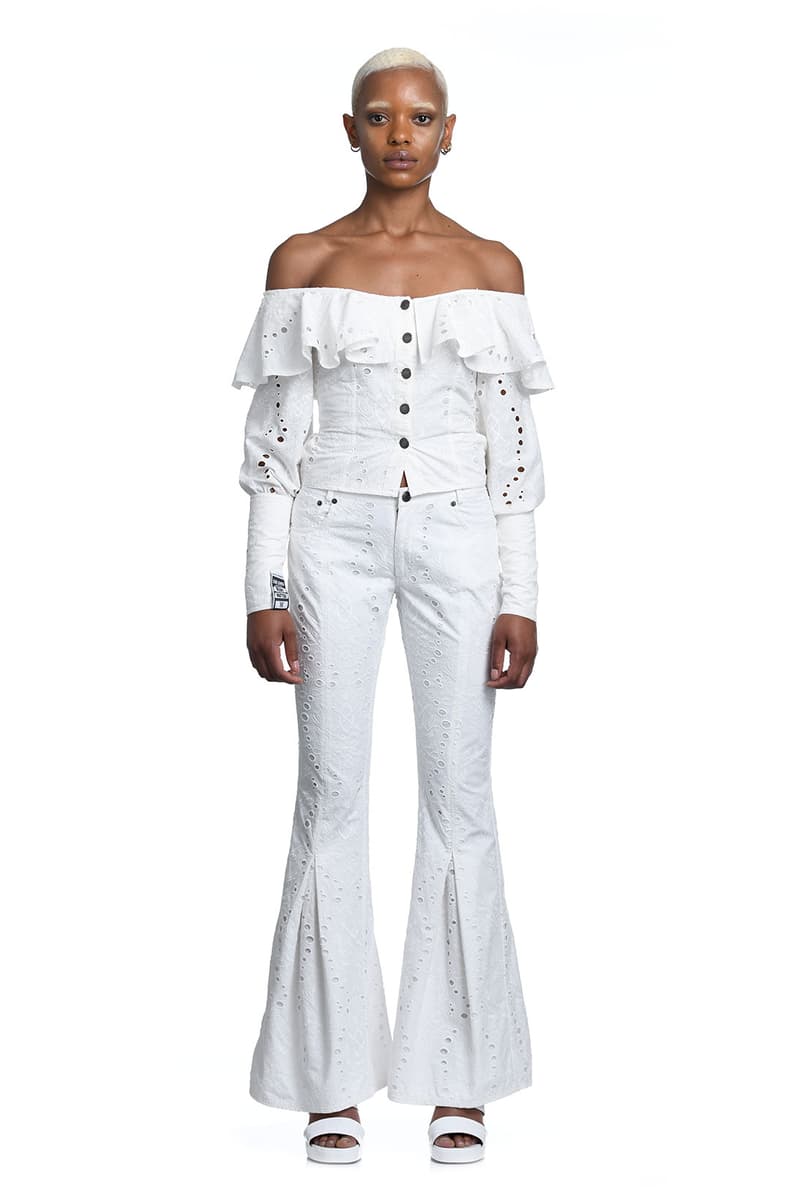 daily paper spring summer ss21 collection lookbook white lace off shoulder top flared Marant pants