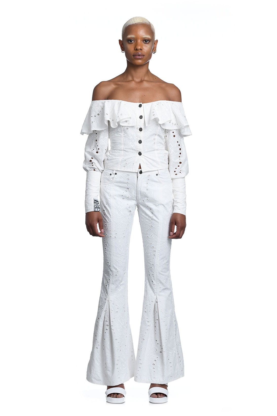 daily paper spring summer ss21 collection lookbook white lace off shoulder top flared pants