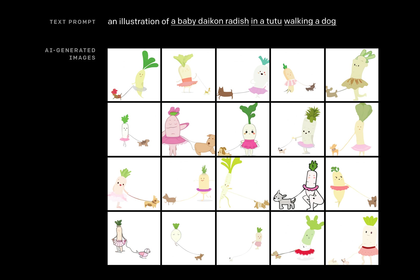 artificial intelligence openai technology dall e text description to image baby daikon radish in a tutu walking a dog 
