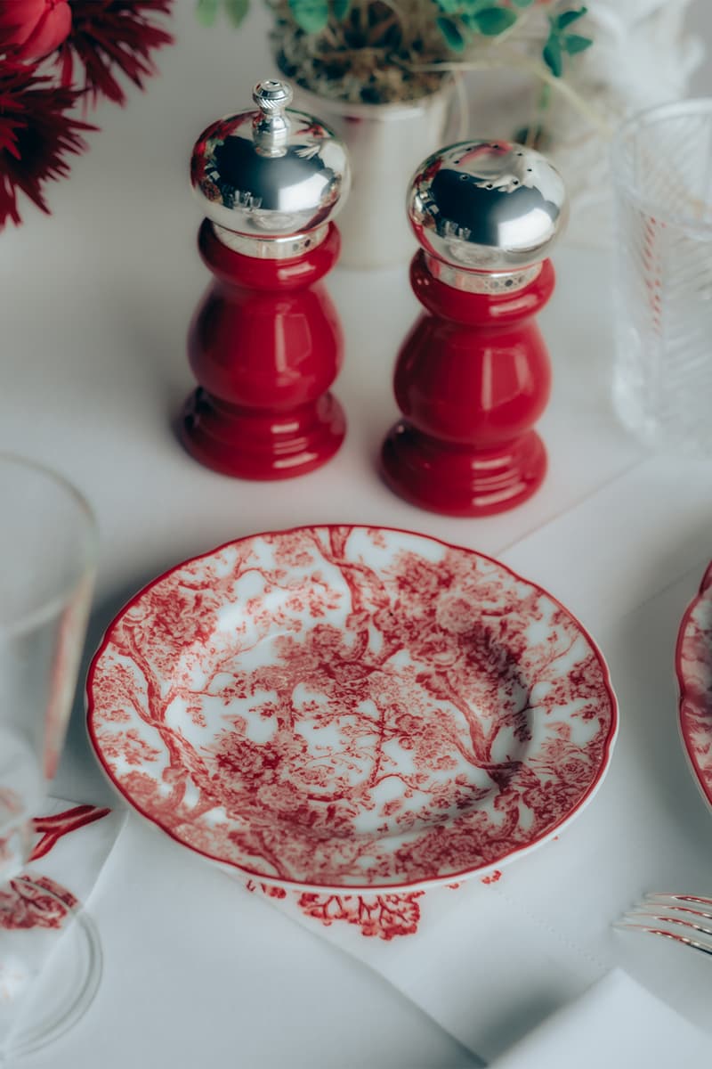 dior maison homeware toile de jouy rouge valentines day collection plates salt pepper shakers red white