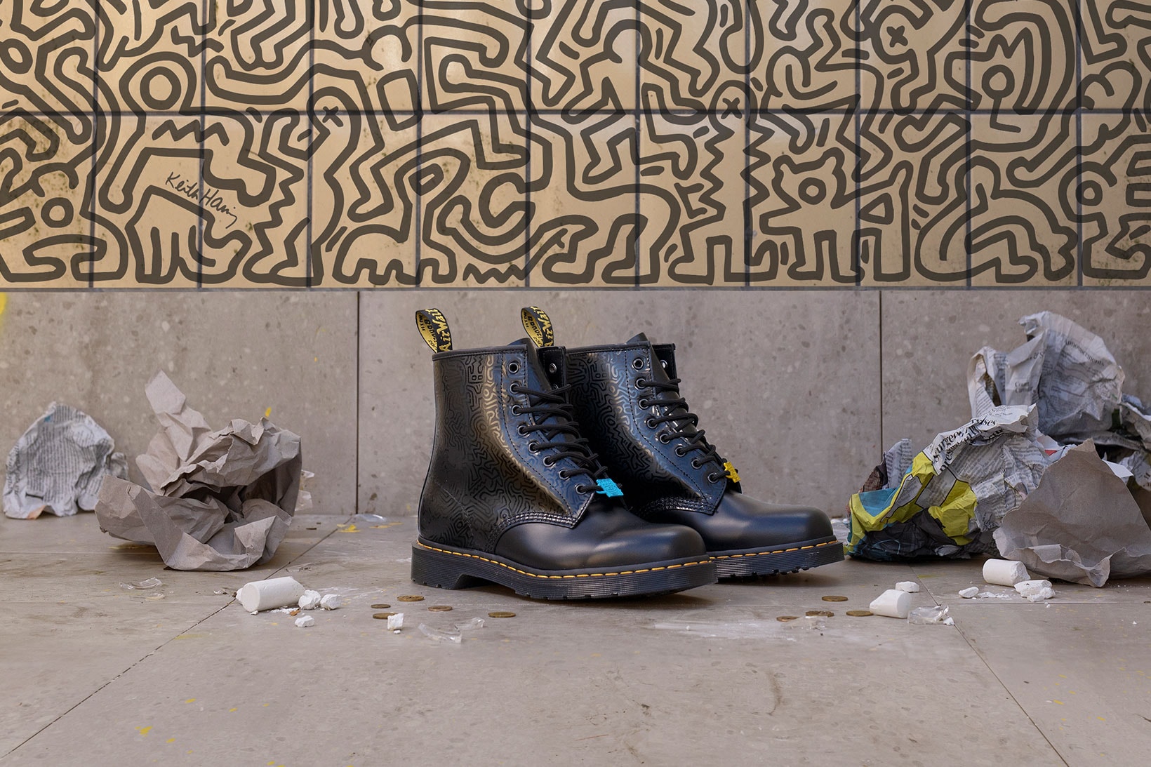 Dr. Martens Keith Haring Collaboration Boots Shoes 1460 Black Pattern Illustrations Wall Mural NYC