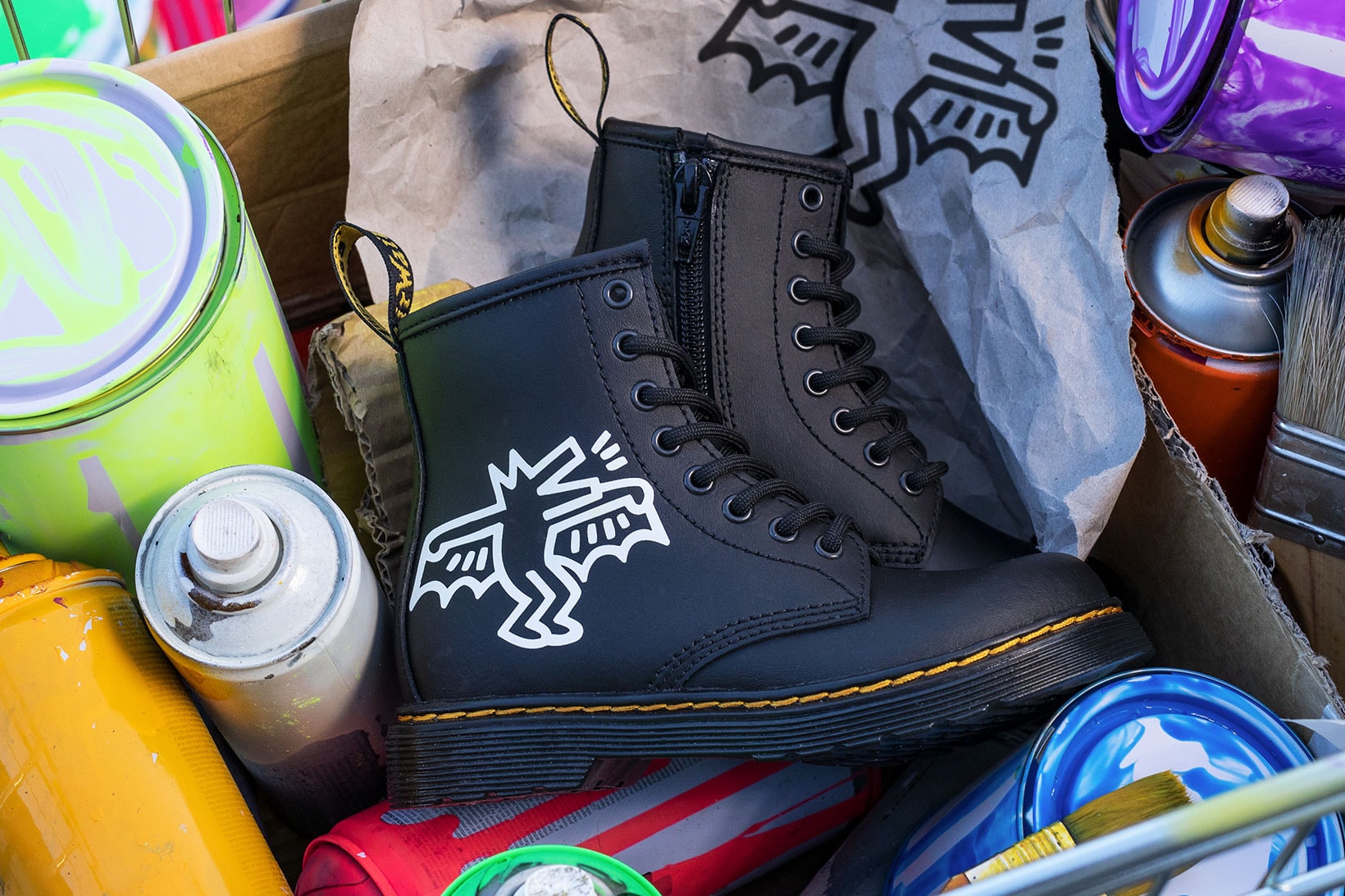 Dr. Martens Keith Haring Collaboration Boots Shoes 1460 Black Patterns Illustrations Art Yellow Stitching
