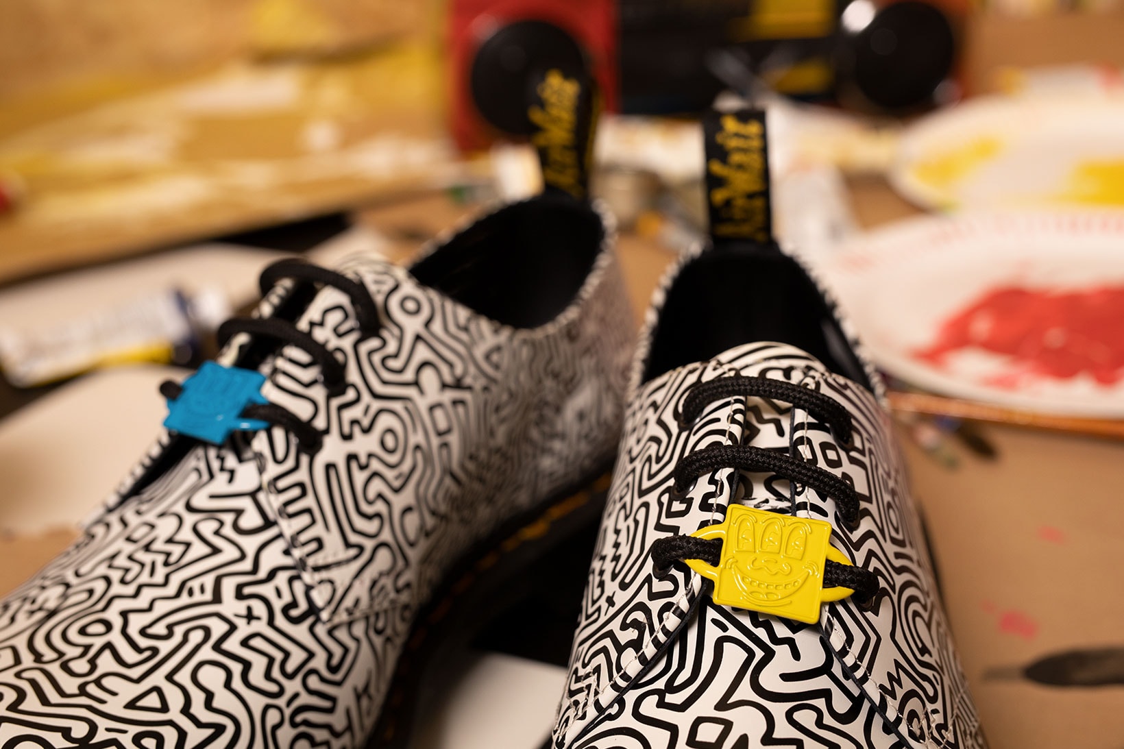 Dr. Martens Keith Haring Collaboration Boots Shoes 1461 Derby White Black Illustrations Drawings Art Charms Yellow Blue