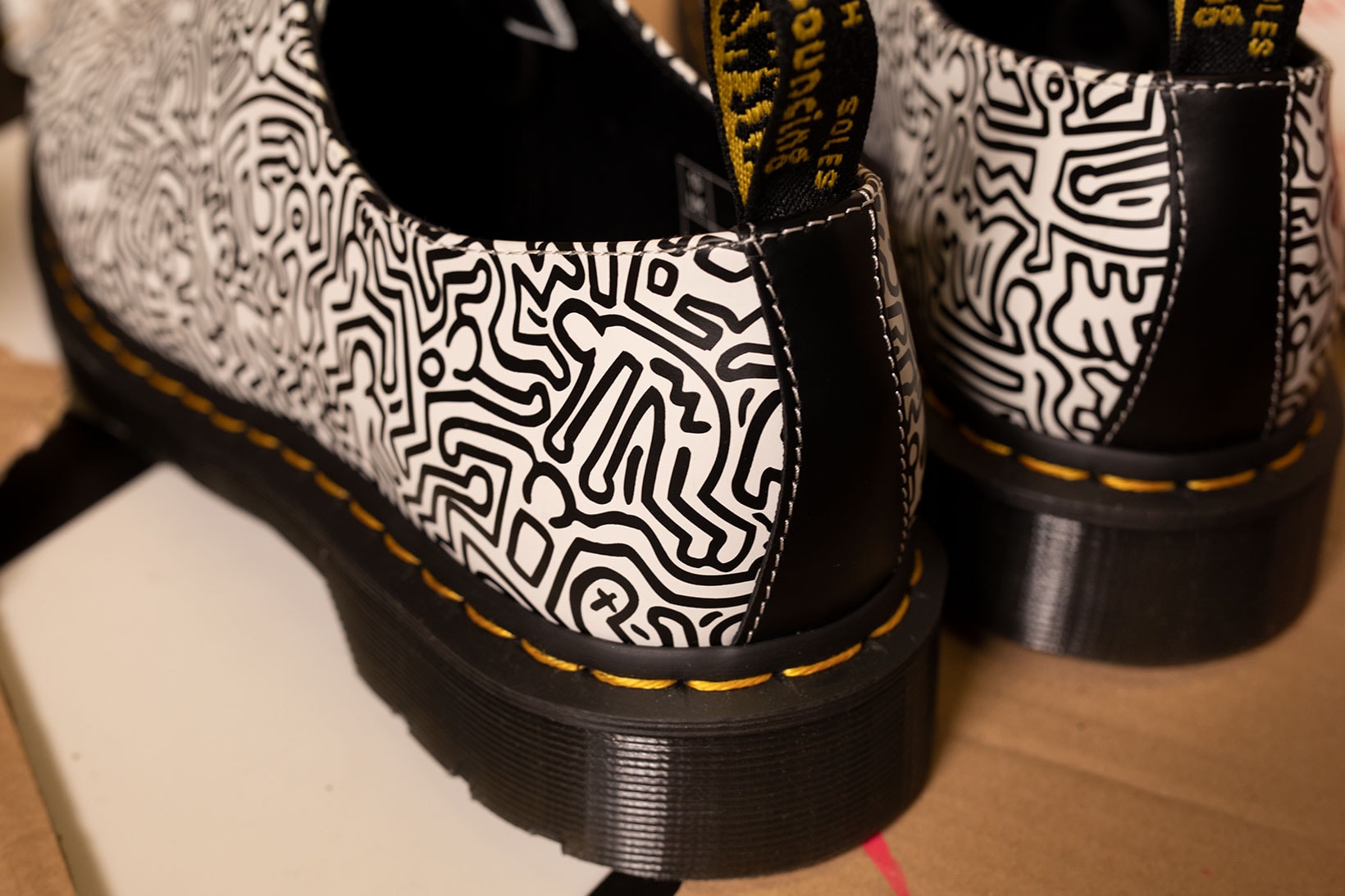 Dr. Martens Keith Haring Collaboration Boots Shoes 1461 Derby White Black Heel Rear Yellow Stitching