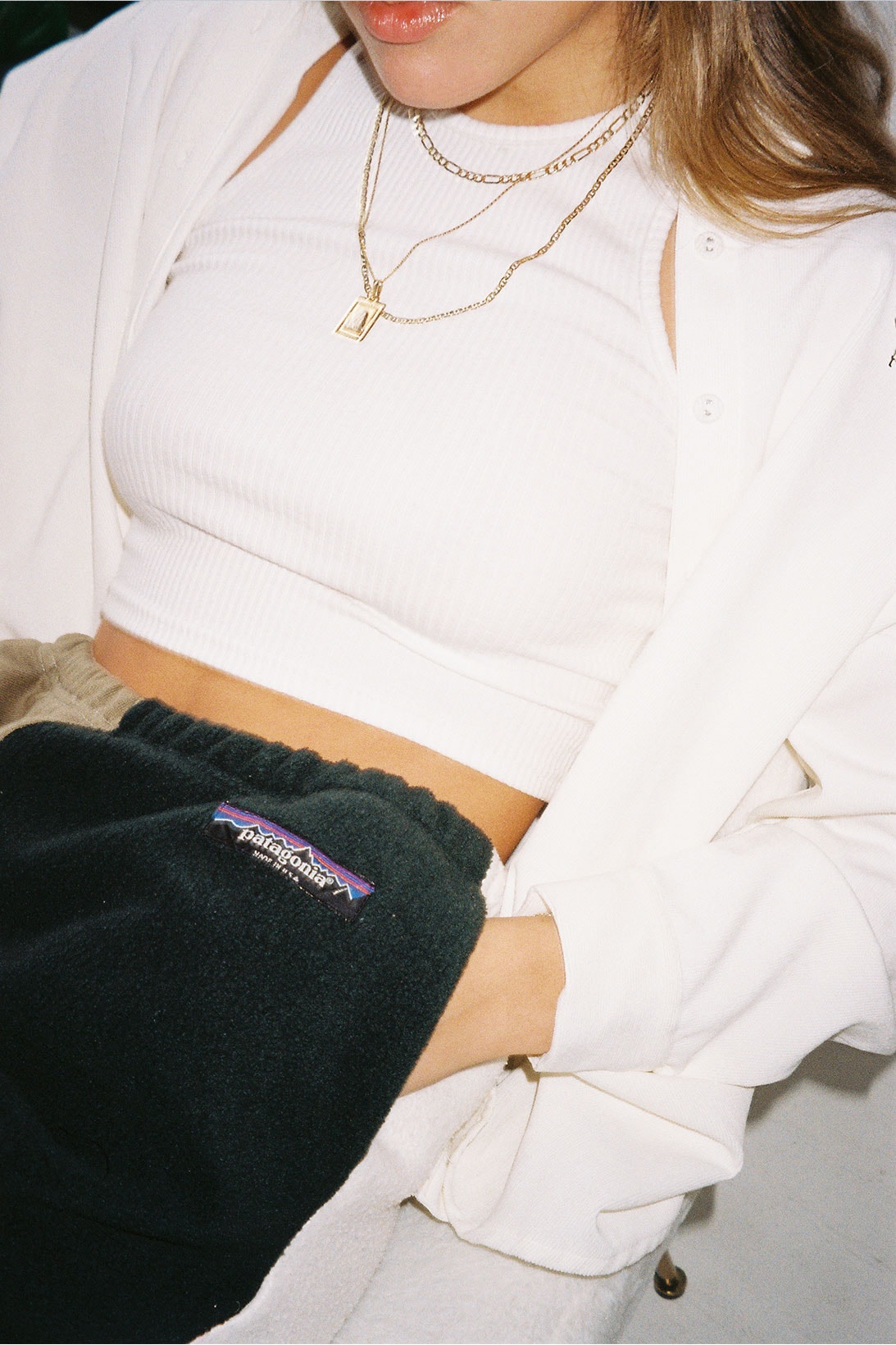 patagonia frankie collective reworked upcycled repurposed sustainable eco-friendly white cropped top patchwork sweatpants