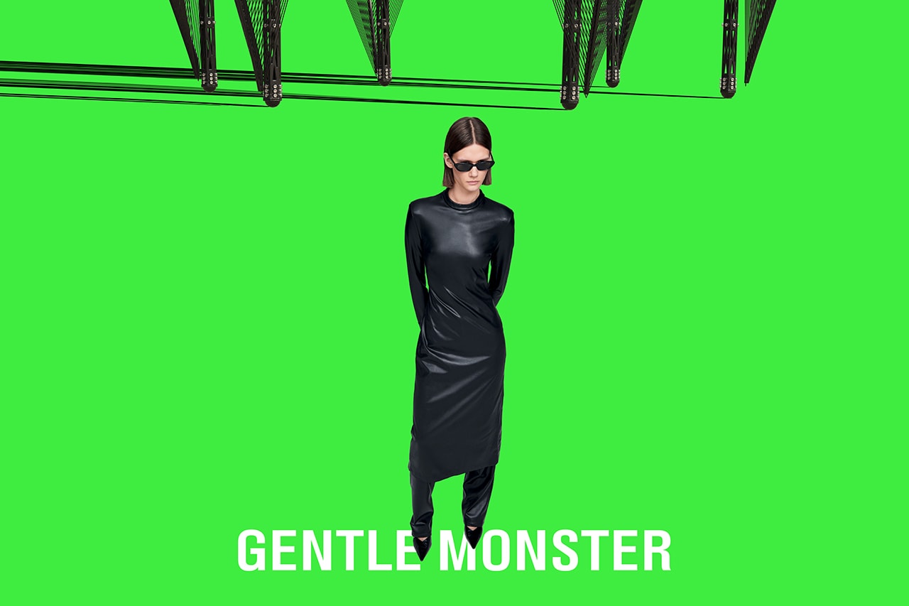 gentle monster unopened the probe collection campaign futuristic eyewear black long dress sunglasses