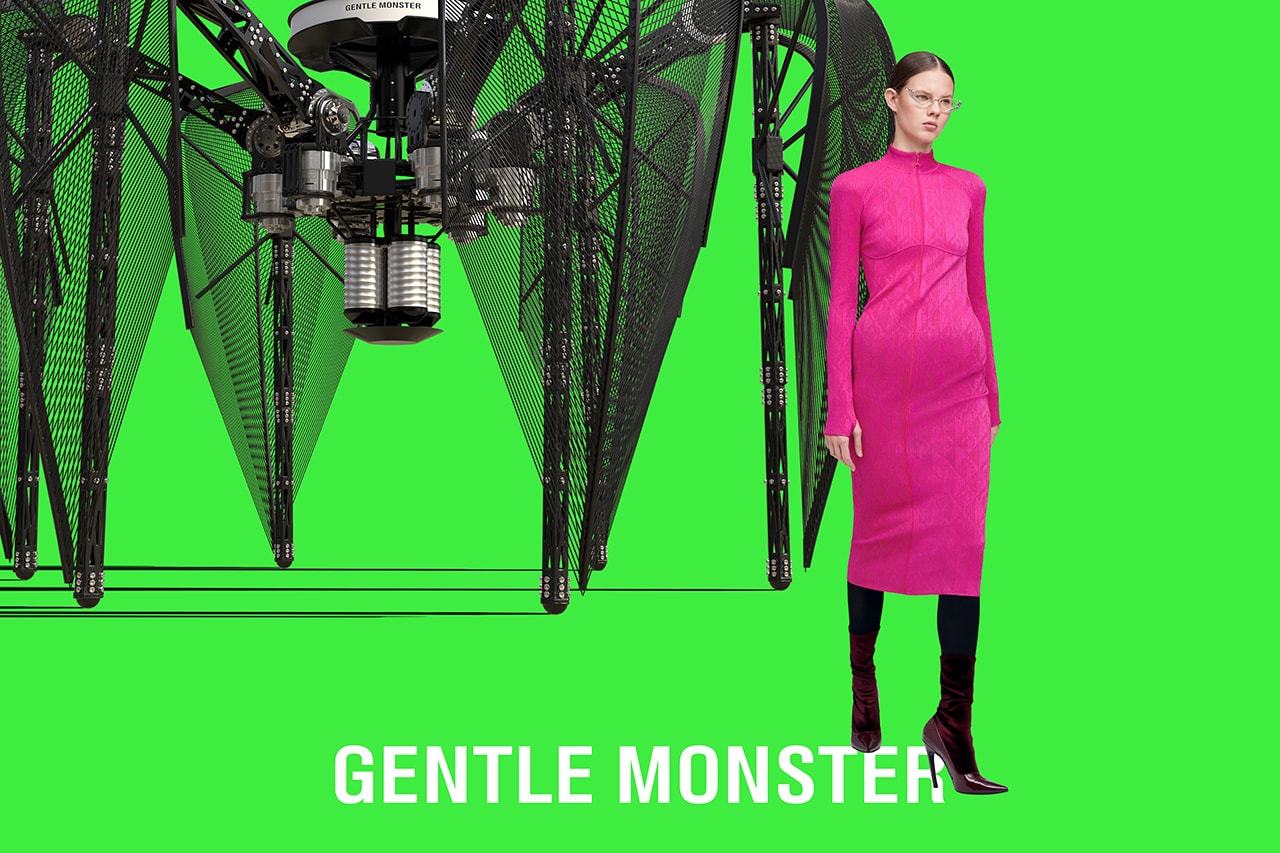 gentle monster unopened the probe collection campaign futuristic robot eyewear sunglasses pink dress