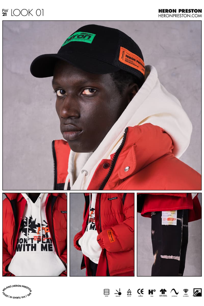 heron preston fall winter 2021 fw21 collection lookbook logo cap hoodie puffer