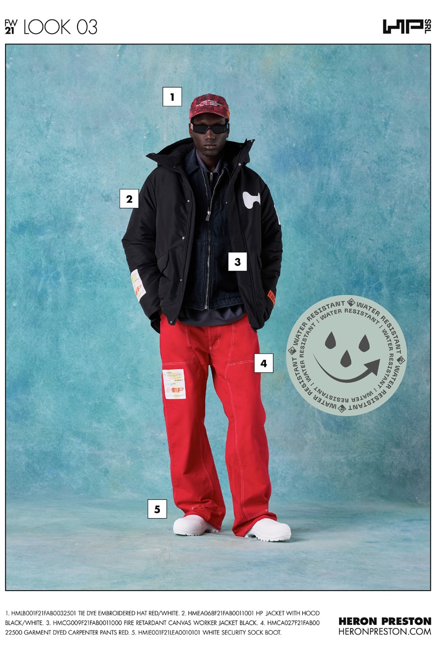 heron preston fall winter 2021 fw21 collection lookbook jacket outerwear red pants