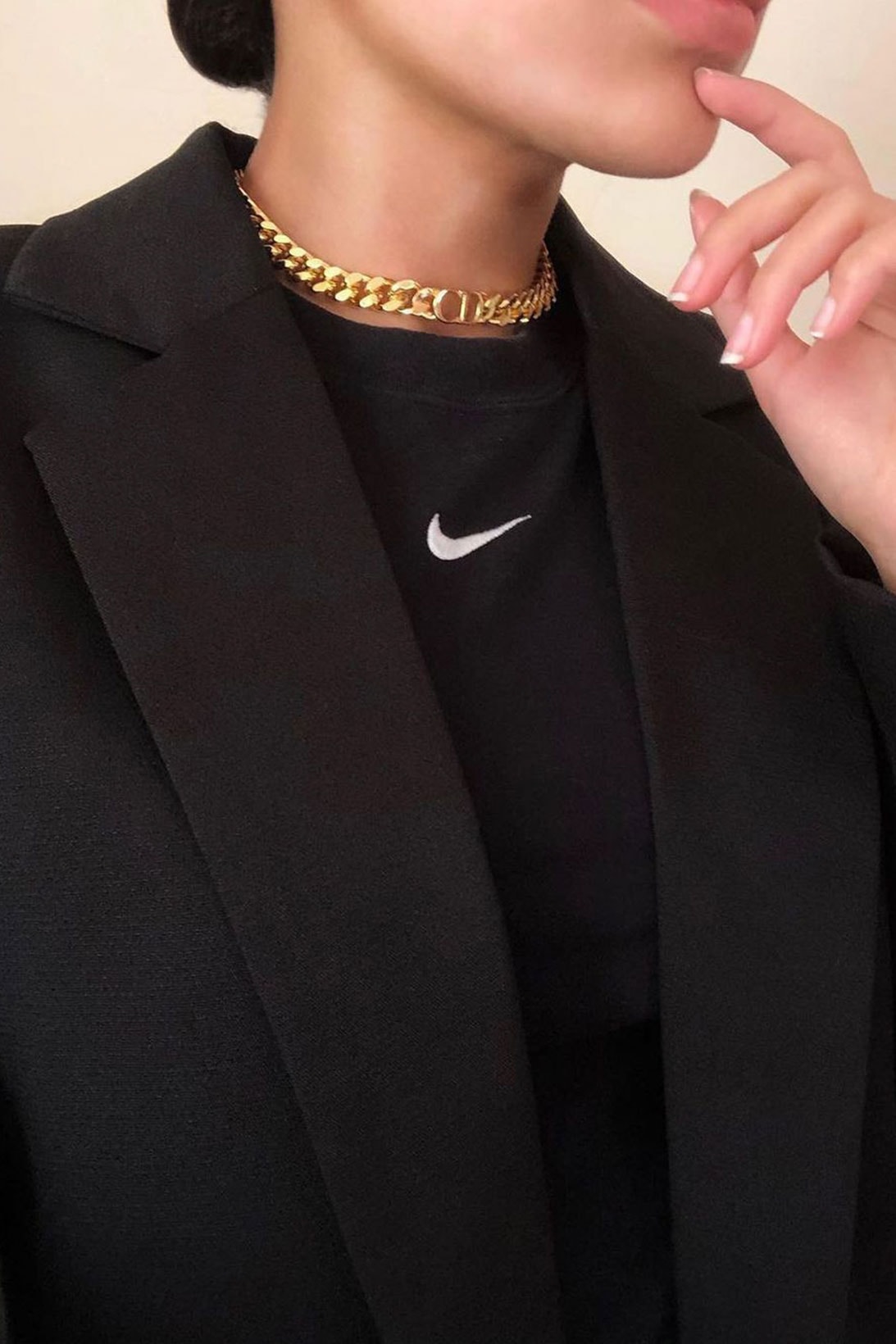 how to wear black editor's styling guide outfit ootd nike swoosh blazer jacket cd dior gold chain necklace