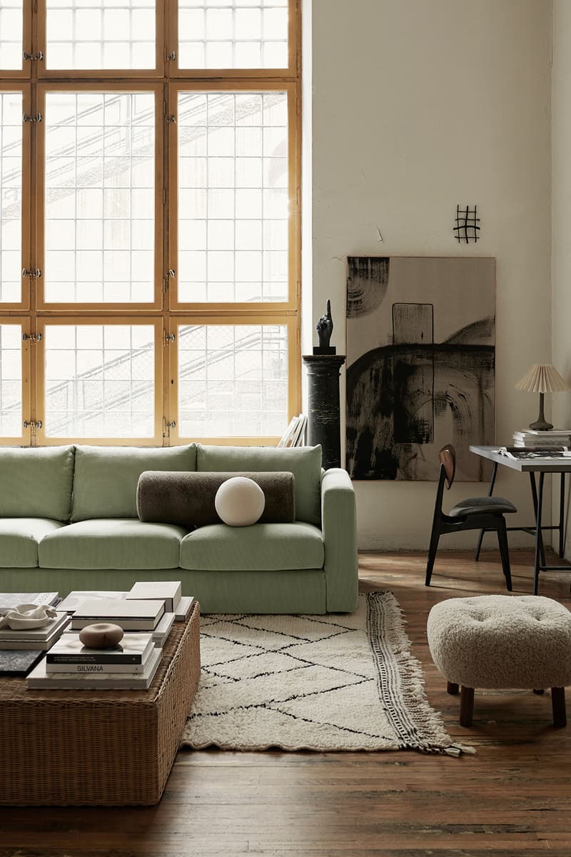 ikea sofa couch corduroy cover apartment therapy bemz maxwell ryan collaboration peacoat wall art window loft