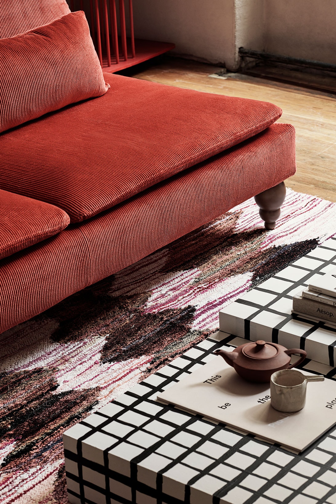 ikea sofa couch corduroy cover apartment therapy bemz maxwell ryan collaboration brick red carpet living room