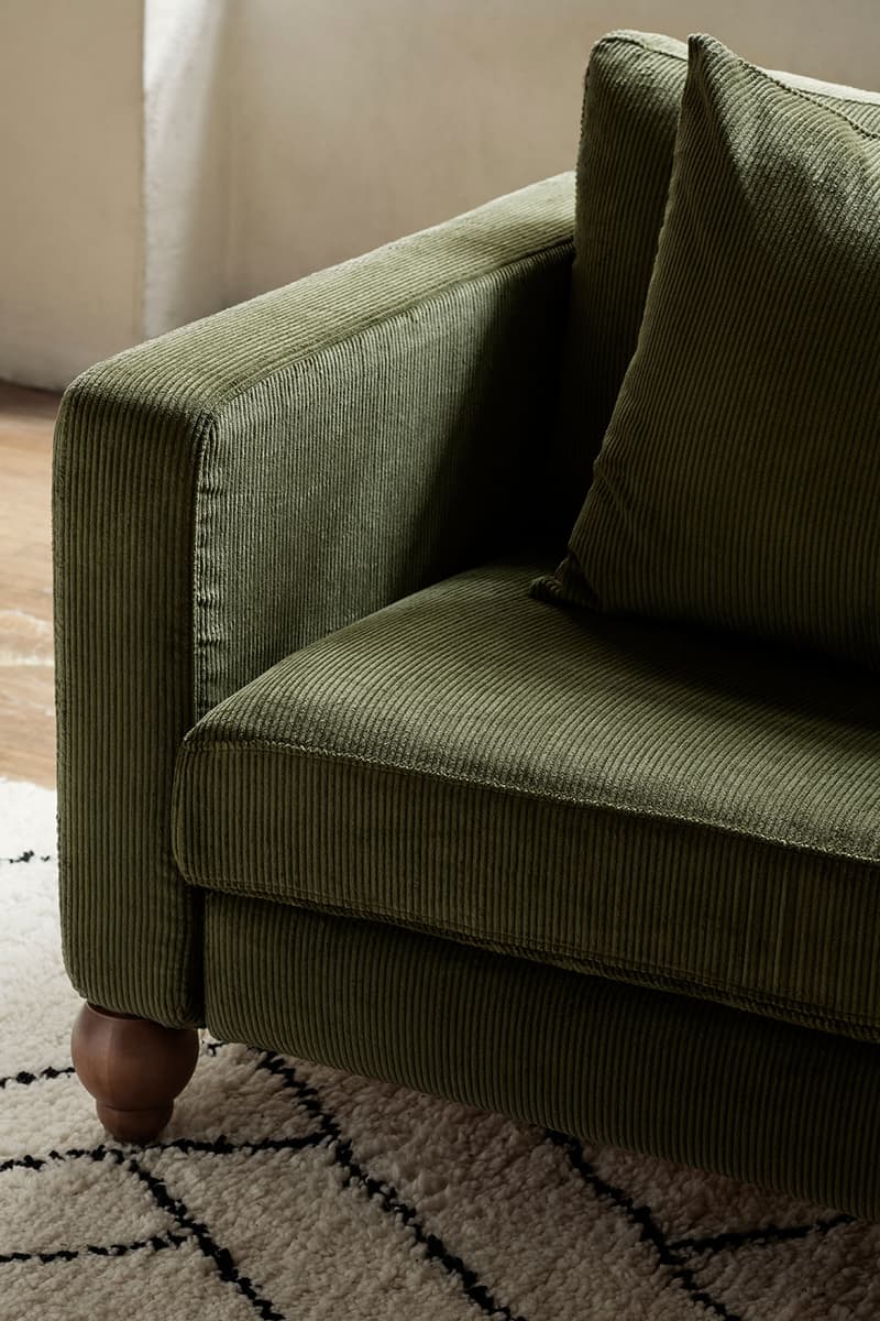 ikea sofa couch corduroy cover apartment therapy bemz maxwell ryan collaboration moss green carpet rug