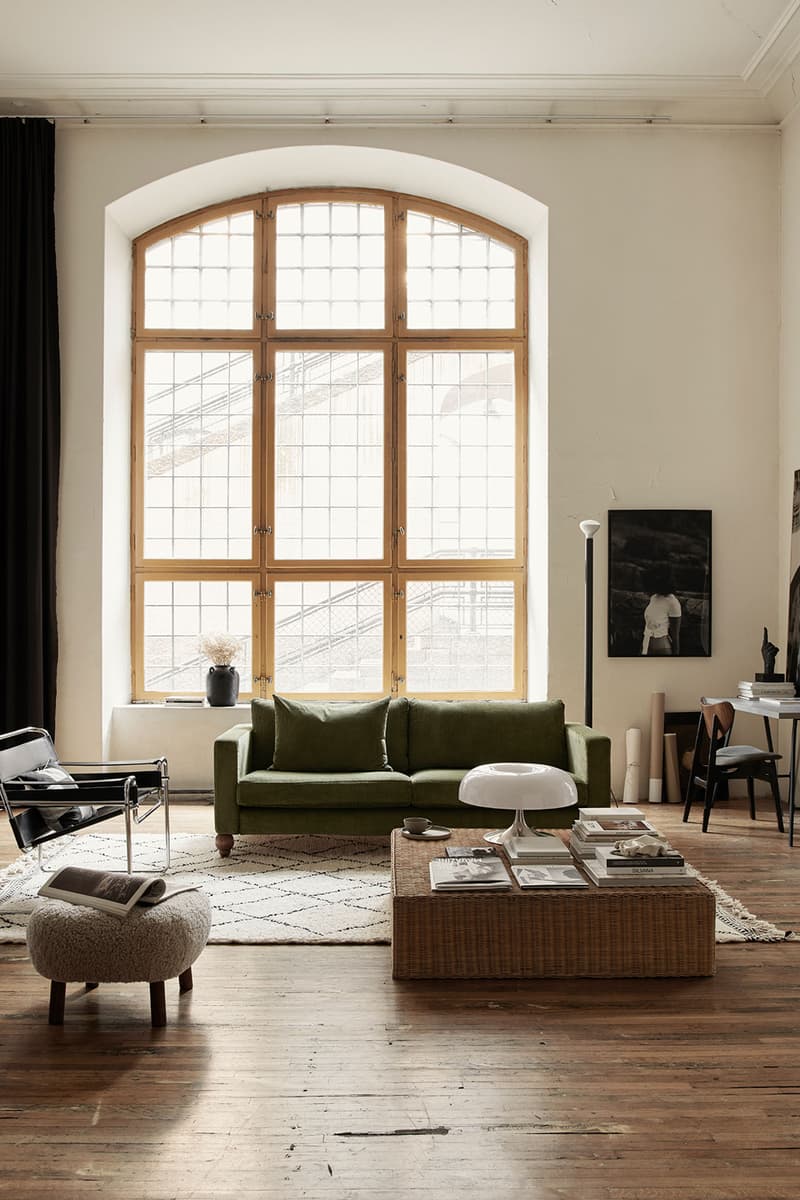 ikea sofa couch corduroy cover apartment therapy bemz maxwell ryan collaboration loft window moss green wall art