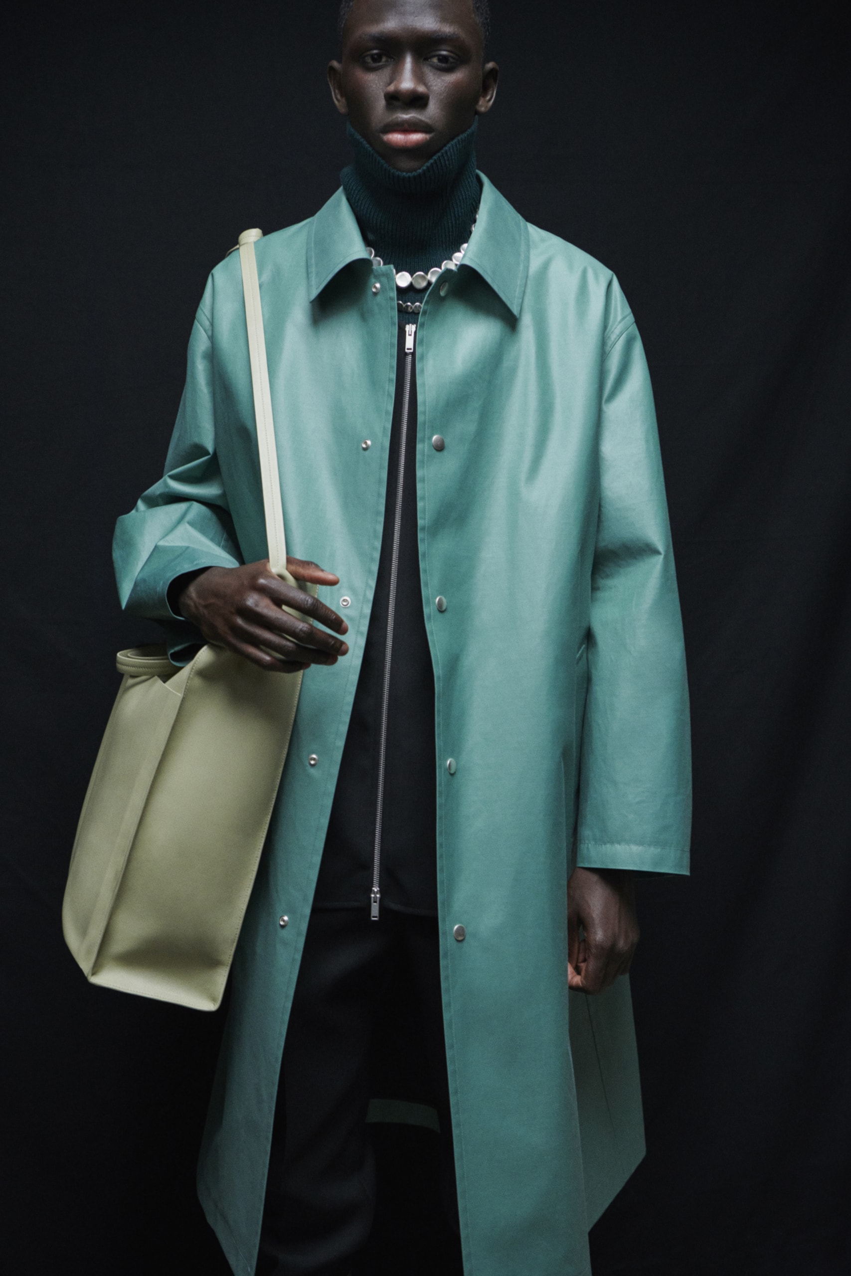 jil sander menswear fall winter fw21 collection lookbook teal turquoise leather coat bag