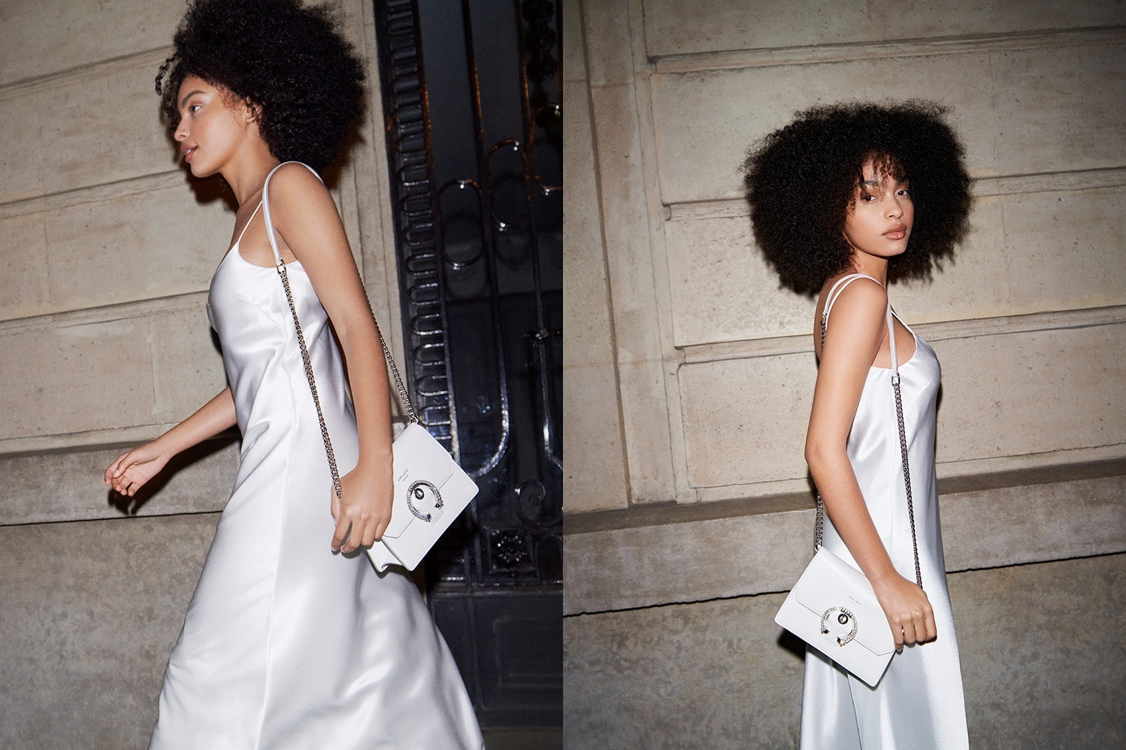 jimmy choo spring collection campaign sharon alexie white silk dress madeline crossbody bag white