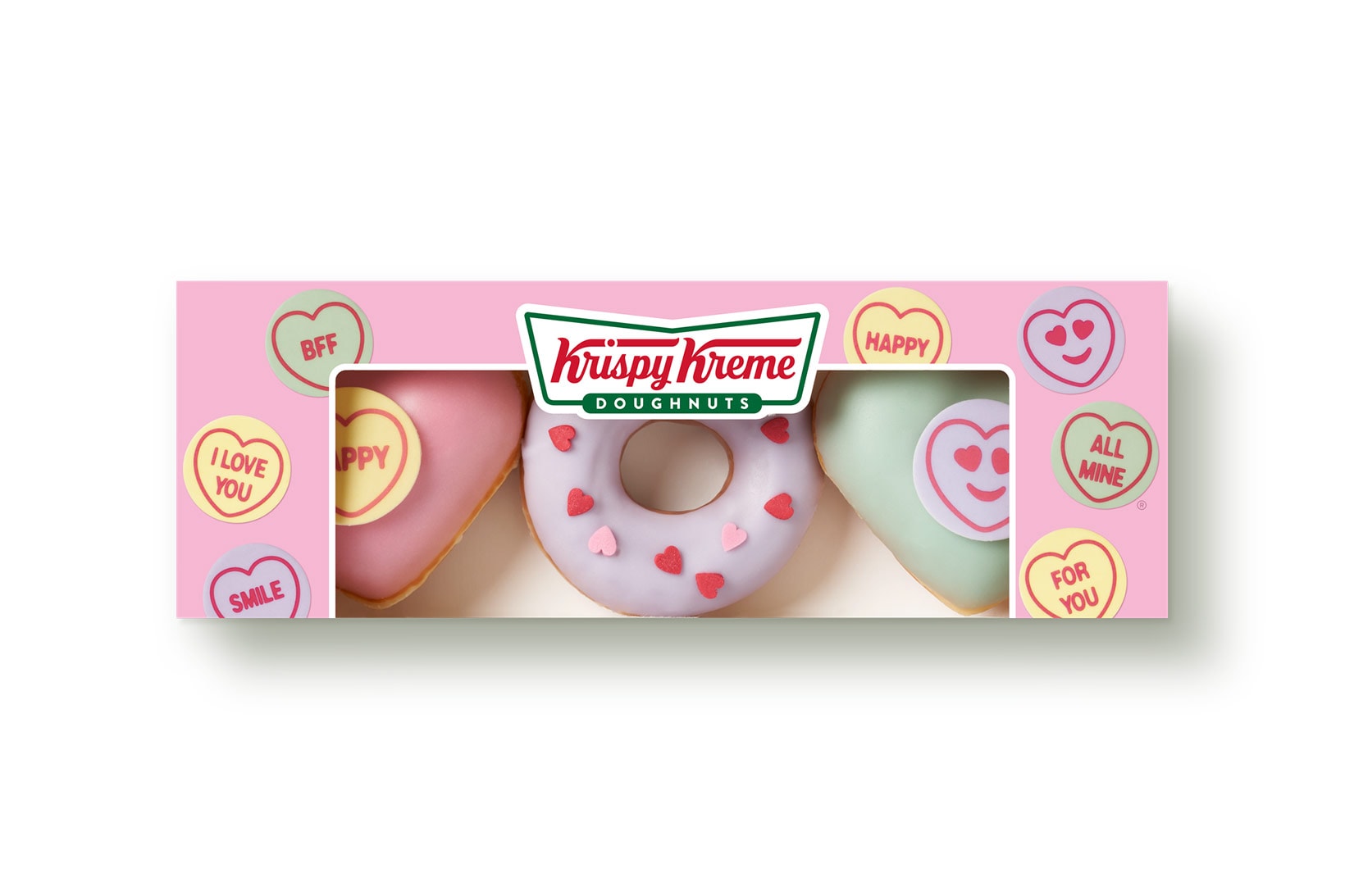 krispy kreme swizzels heart shaped donuts valentines day collaboration dessert purple green pink box