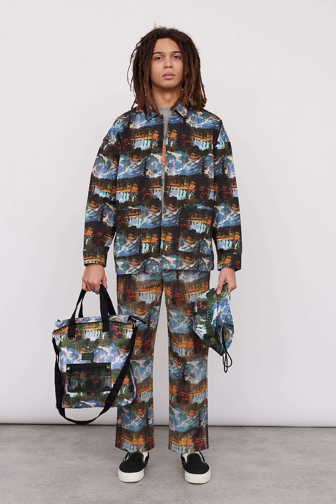 Lazy Oaf Take A Hike Outdoor Hiking Collection Lookbook Pattern Print Jacket Pants Backpack Bucket Hat