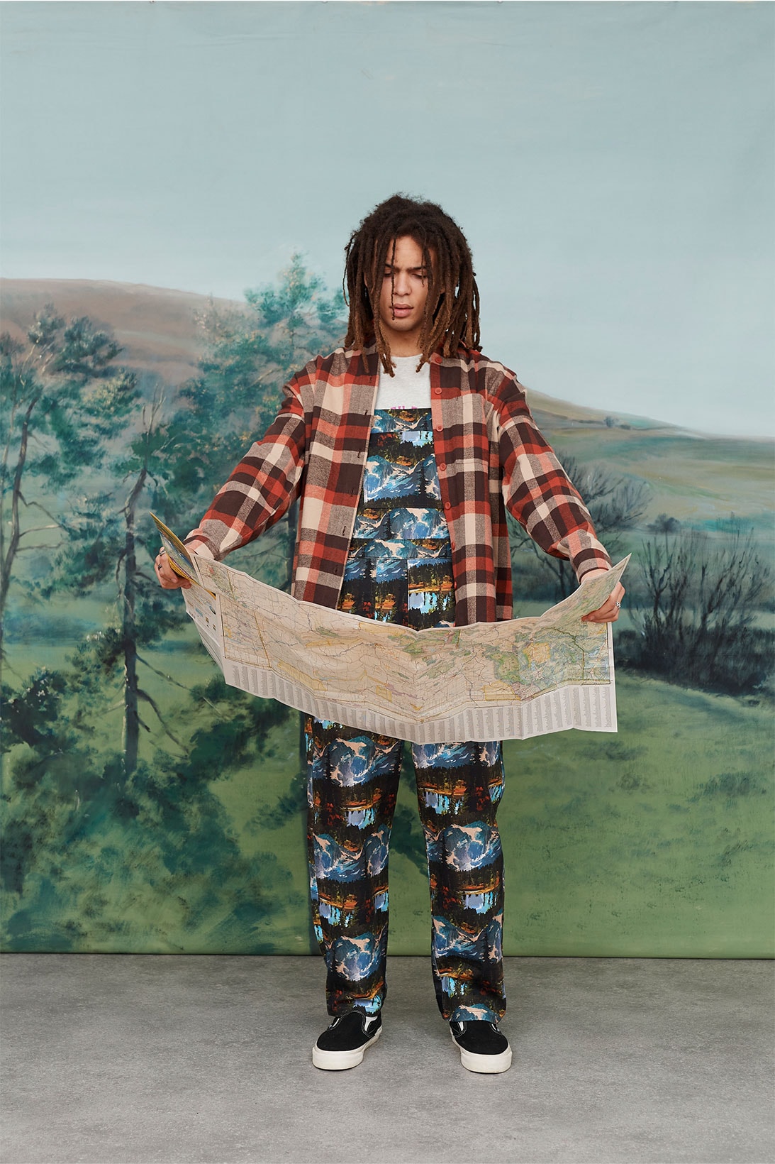 Lazy Oaf Take A Hike Outdoor Hiking Collection Lookbook Pattern Print Overalls Plaid Check Shirt