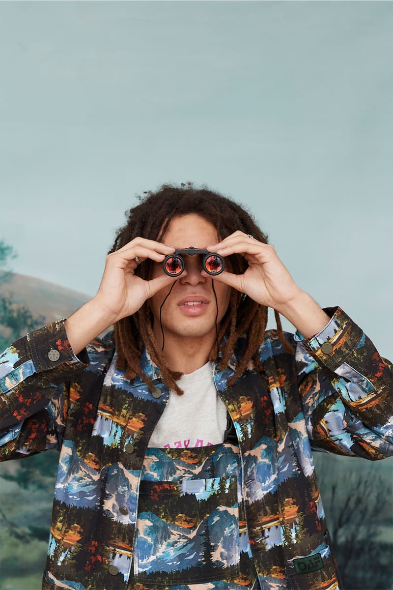 Lazy Oaf Take A Hike Outdoor Hiking Collection Lookbook Mountain Binoculars Print Pattern Shirt Overalls