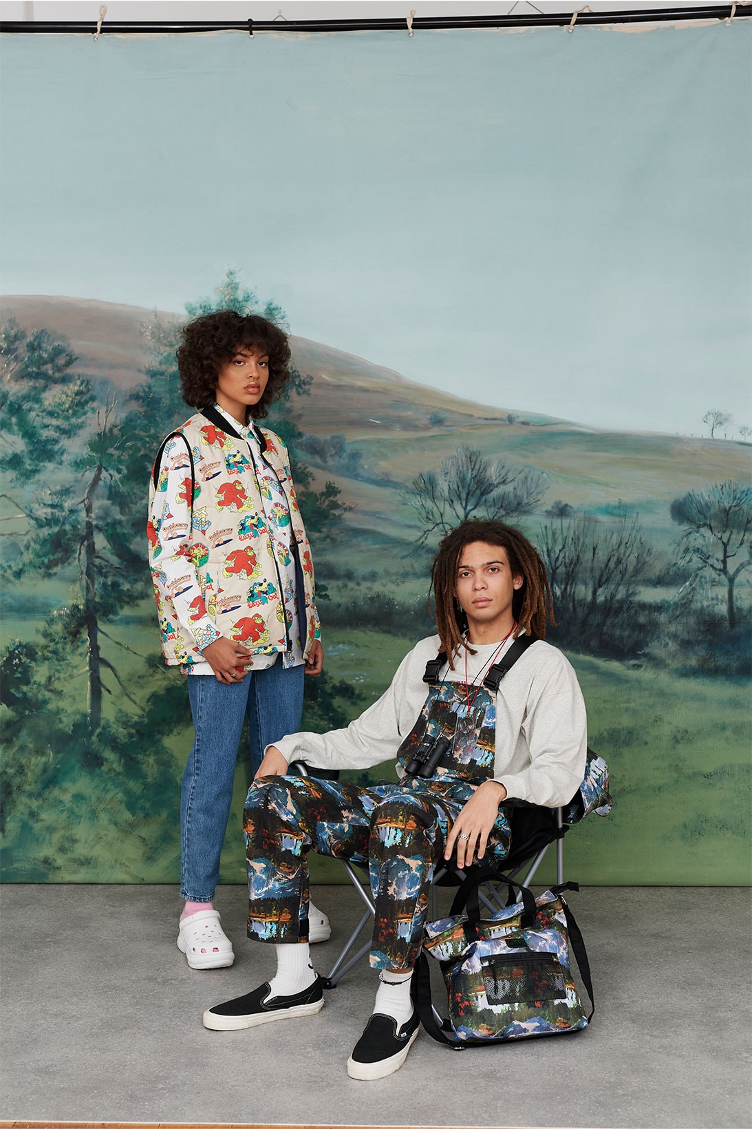 Lazy Oaf Take A Hike Outdoor Hiking Collection Lookbook Logo Print Pattern Vest Mountain Overalls Bag