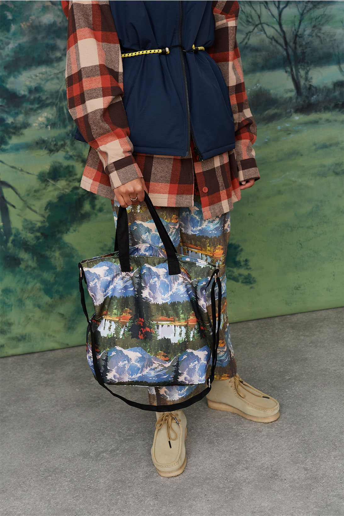 Lazy Oaf Take A Hike Outdoor Hiking Collection Lookbook Mountain Print Pattern Pants Tote Bag Clarks Wallabee