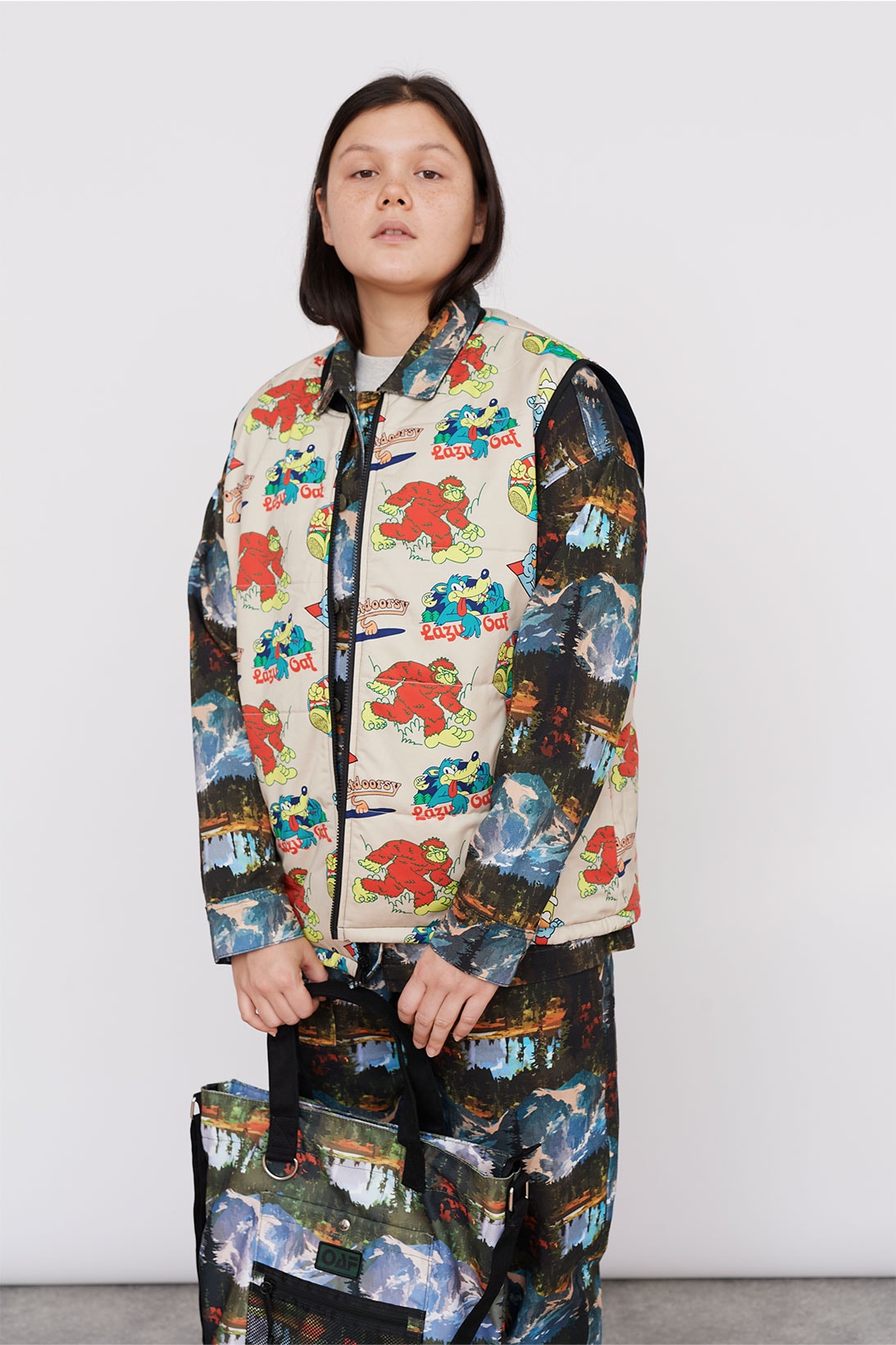 Lazy Oaf Take A Hike Outdoor Hiking Collection Lookbook Logo Pattern Print Vest Mountain Shirt Pants Trousers