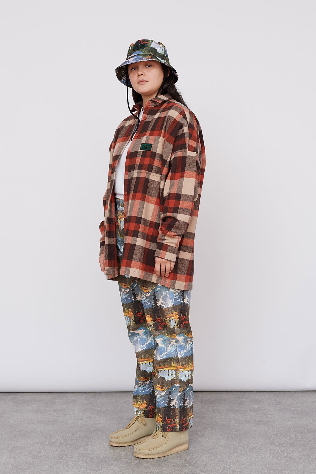 Lazy Oaf Take A Hike Outdoor Hiking Collection Lookbook Check Pattern Plaid Shirt Print Pattern Pants Clarks Wallabee