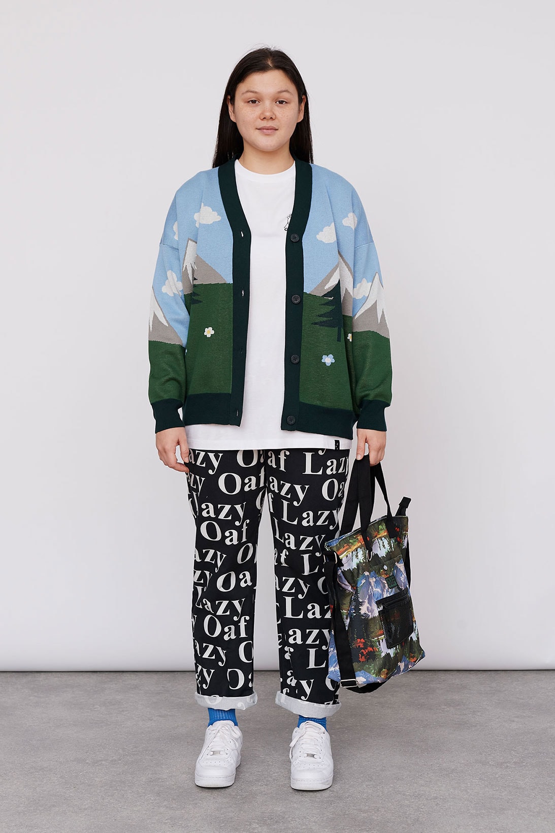 Lazy Oaf Take A Hike Outdoor Hiking Collection Lookbook Knitwear Cardigan Camping Logo Pants Nike Air Force 1 AF1