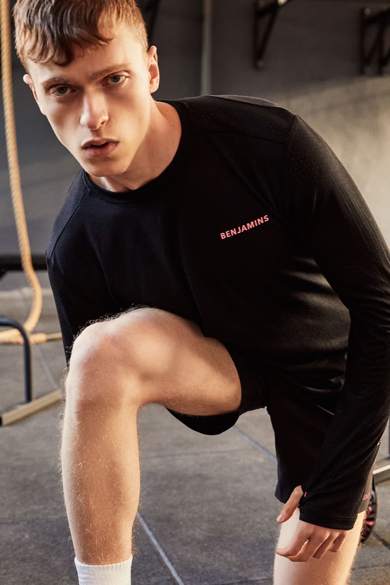 les benjamins activewear collection gym clothes workout menswear black logo long sleeved tee shorts