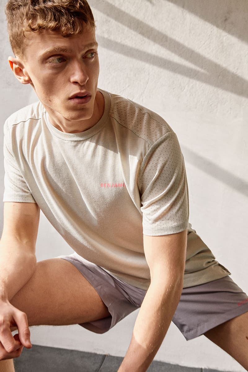 les benjamins activewear collection gym clothes workout menswear pastel beige t-shirt shorts
