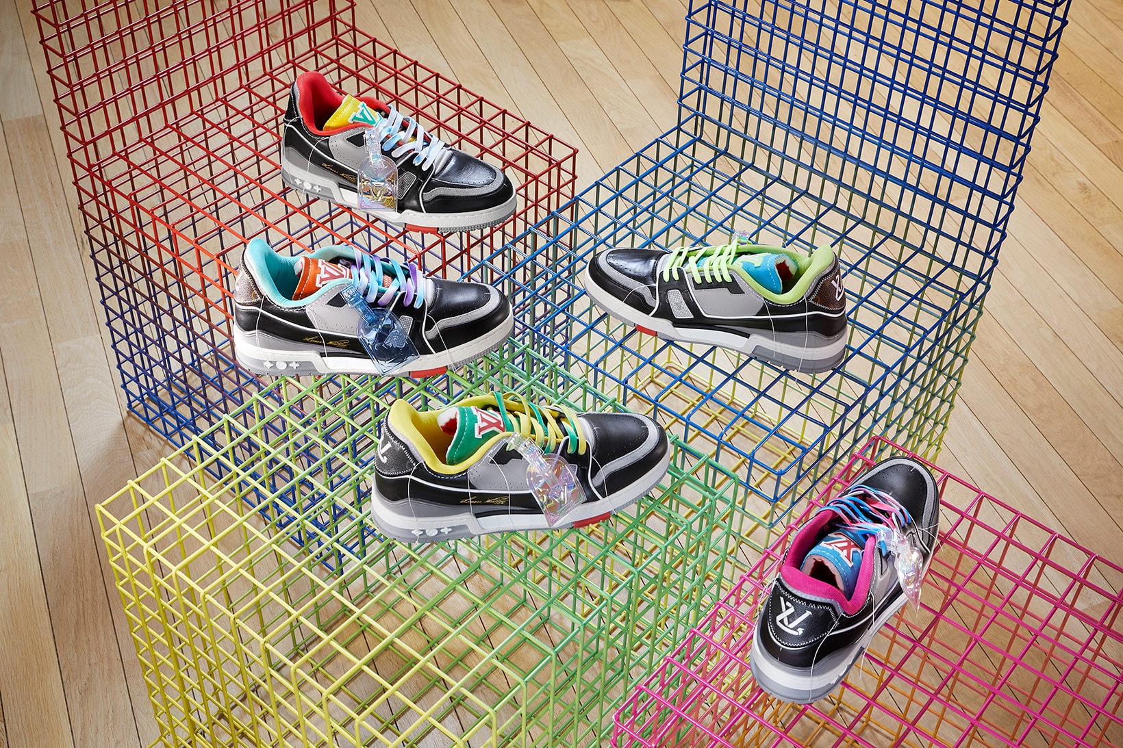 louis vuitton lv sneakers trainers upcycling mens spring summer collection sustainable customizable virgil abloh black pink blue green laces gray white