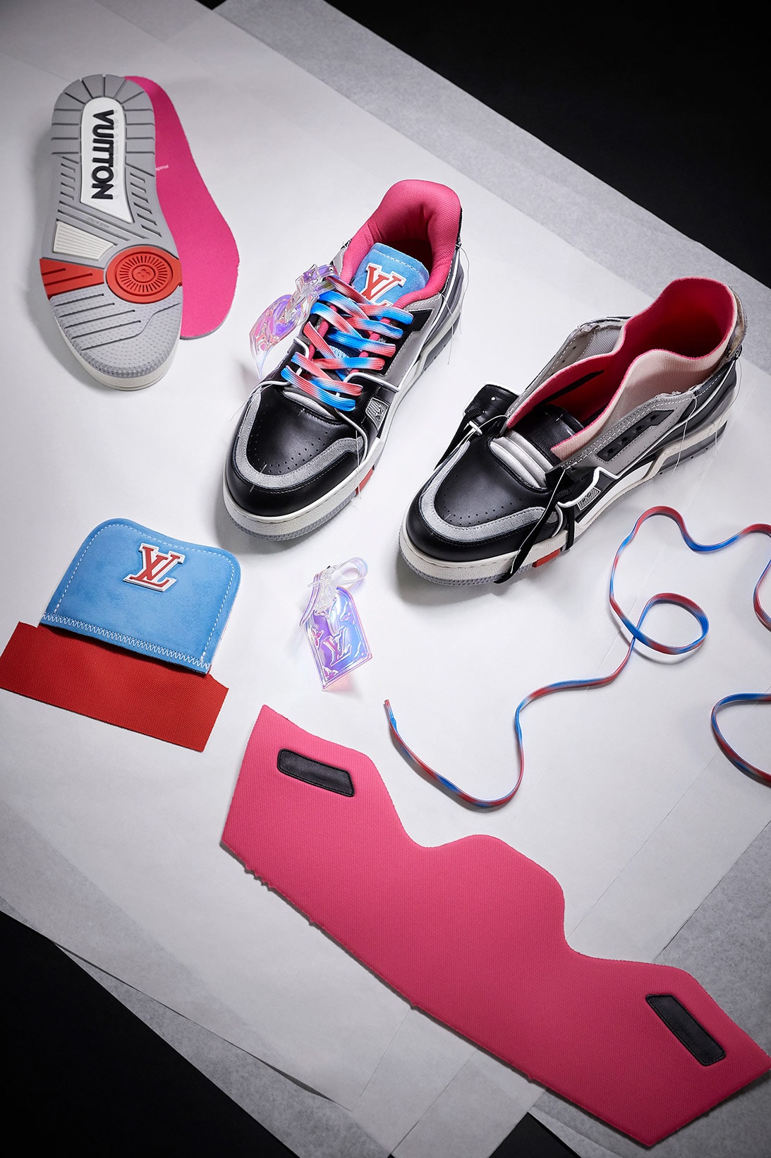 louis vuitton lv sneakers trainers upcycling mens spring summer collection sustainable customizable virgil abloh black gray pink blue laces insoles