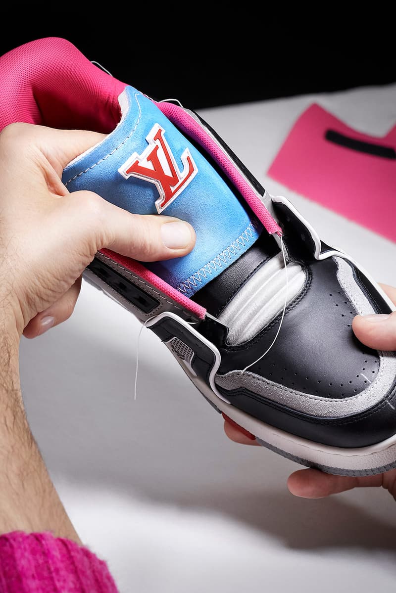 louis vuitton lv sneakers trainers upcycling mens spring summer collection sustainable customizable virgil abloh tongue blue red black gray pink logo