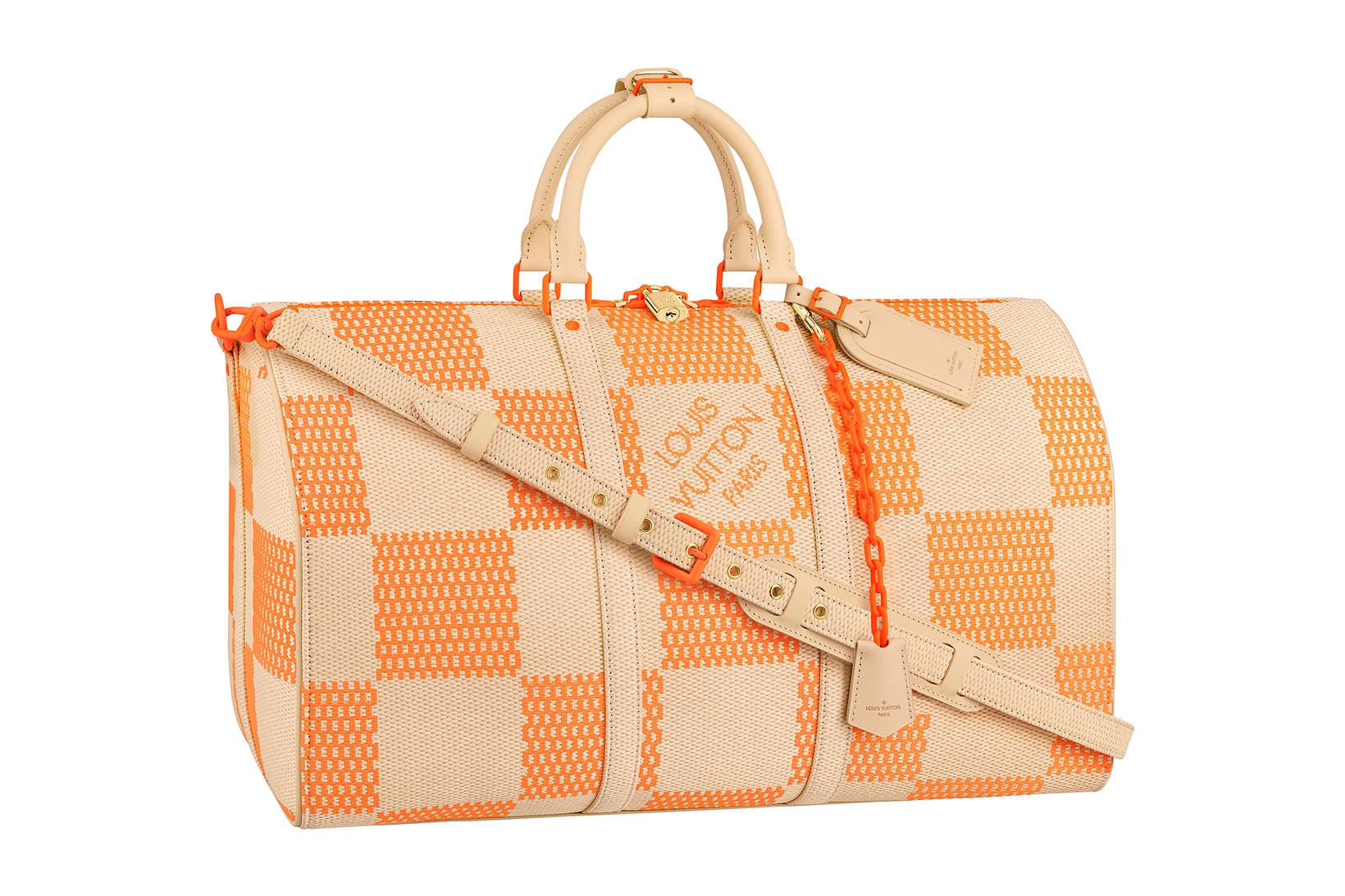louis vuitton lv mens zoooom with friends spring summer 2021 ss21 collection virgil abloh accessories leather goods keepall damier check pattern orange