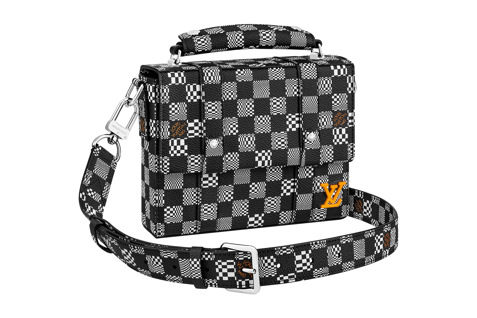 louis vuitton lv mens zoooom with friends spring summer 2021 ss21 collection virgil abloh accessories leather goods keepall damier check black gray orange logo soft trunk messenger bag