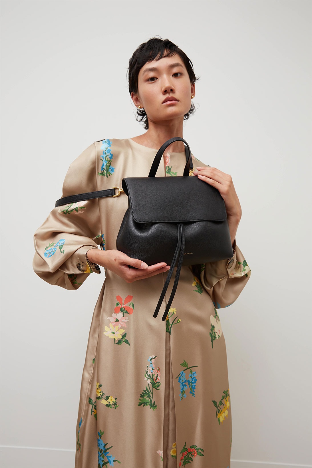 mansur gavriel soft lady handbag calfskin leather black pattern print dress model shot