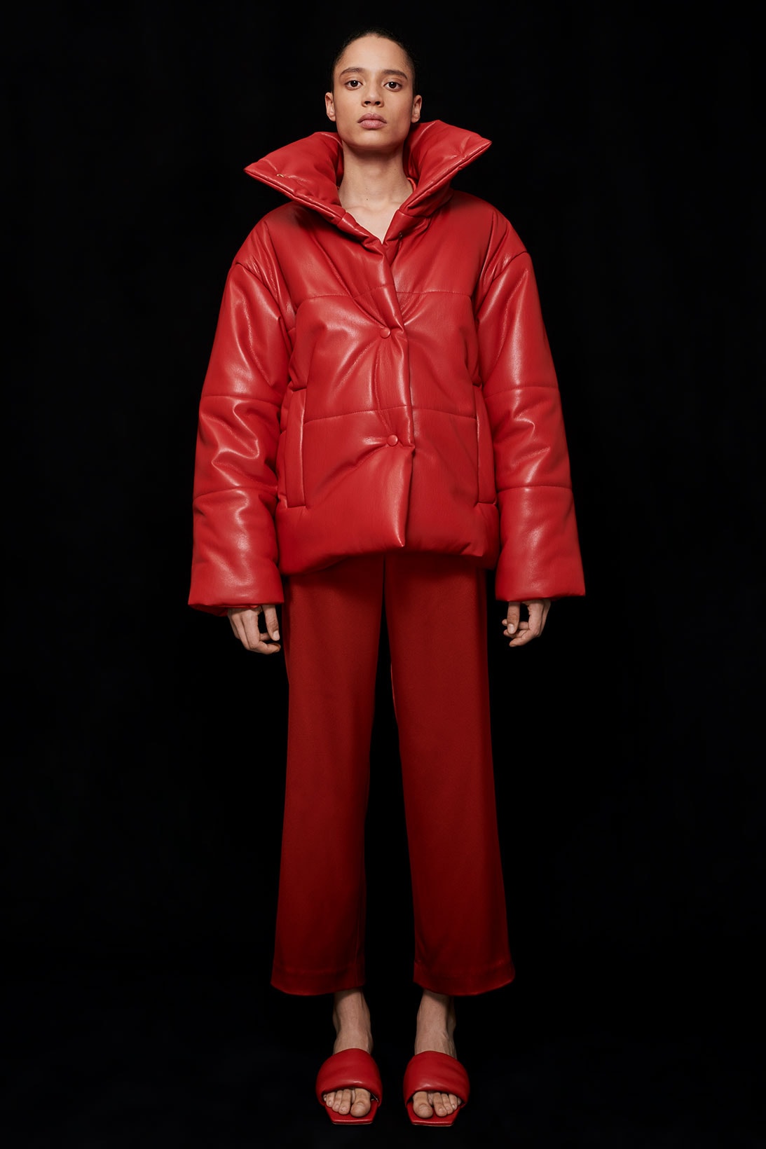 nanushka all-red chinese lunar new year collection vegan leather puffer jacket slip satin pants