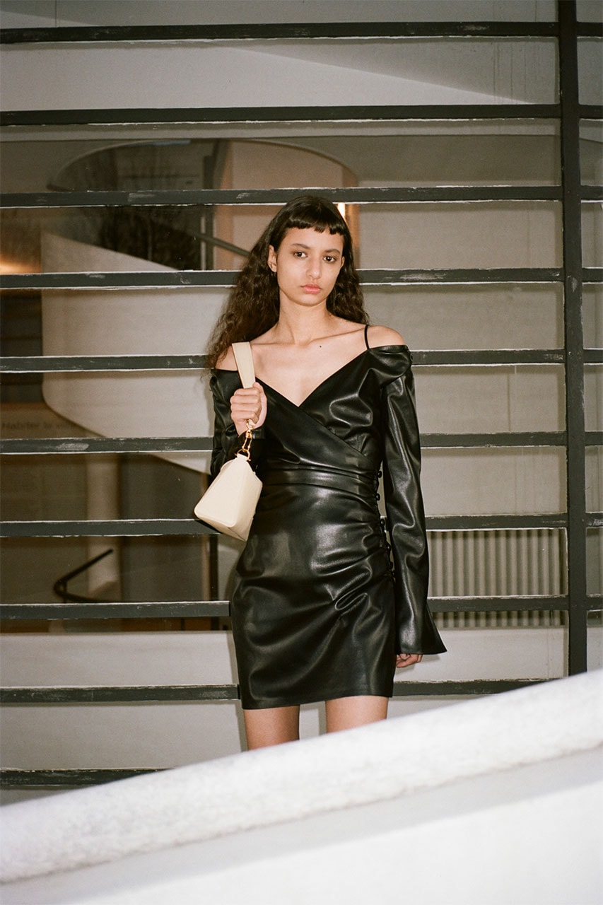 nanushka pre-fall 2021 collection lookbook black mini dress leather faux