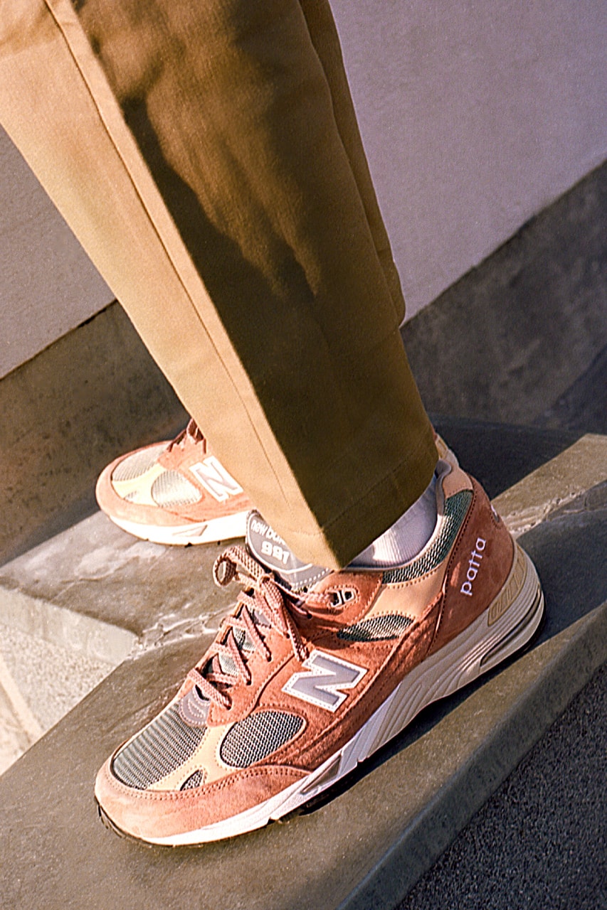 patta new balance nb 991 collaboration sneakers peach coral orange on-foot logo gray silver trousers