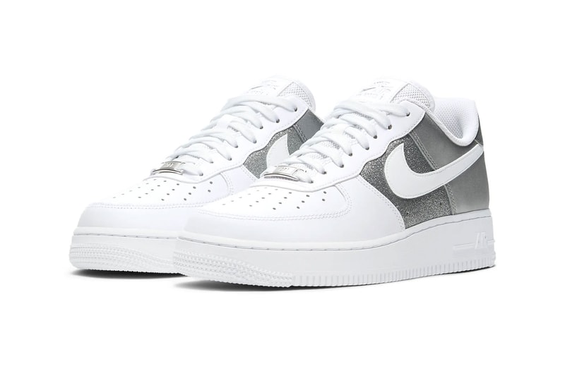 nike air force 1 07 af1 silver metallic glitter white swoosh side lateral