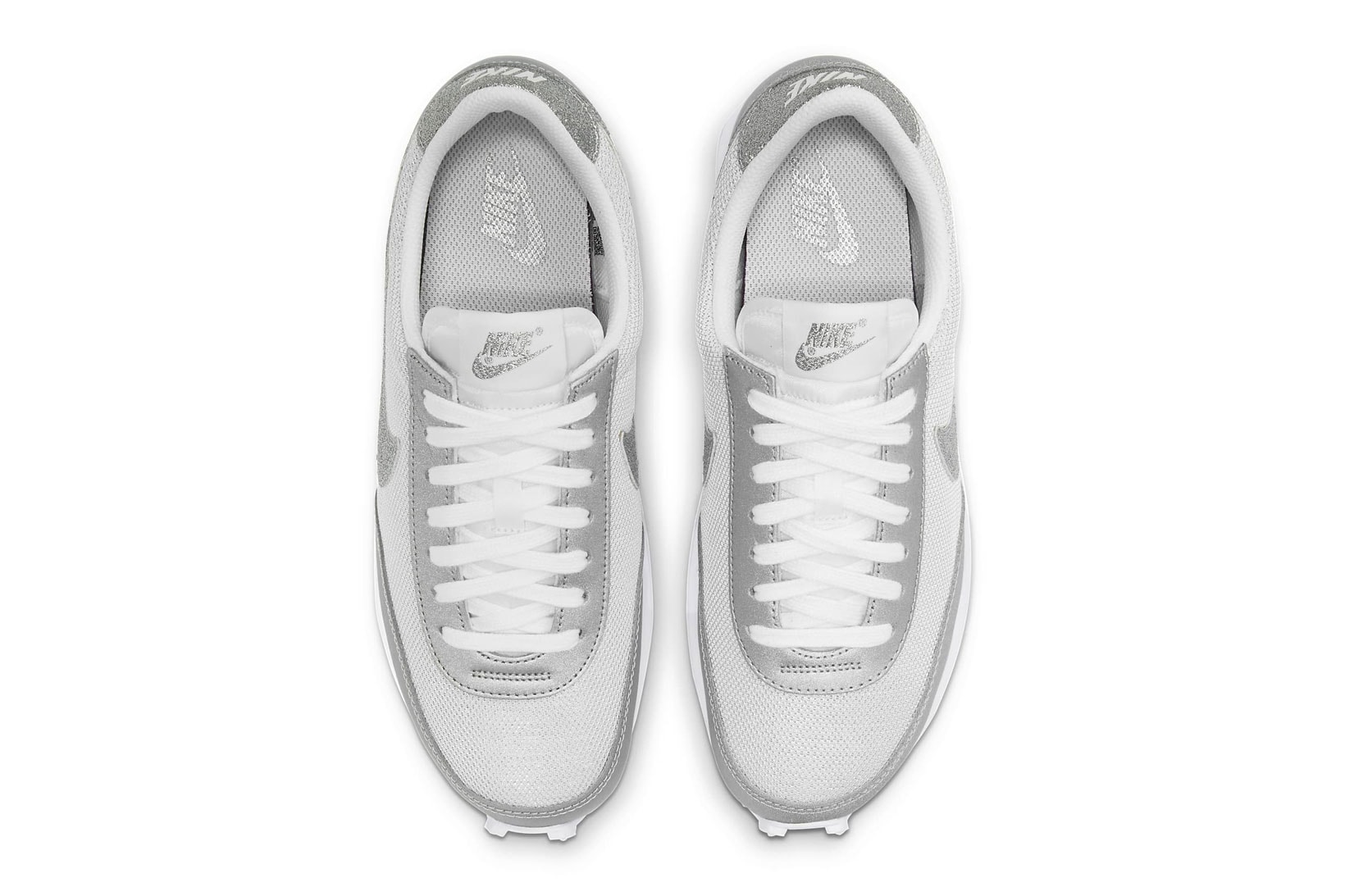 nike daybreak silver metallic glitter swoosh logo sneakers top upper white shoelaces