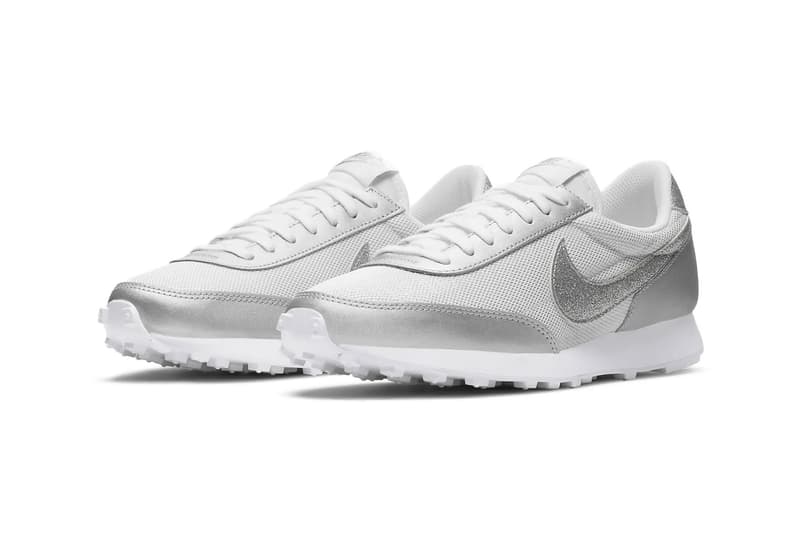 nike daybreak silver metallic glitter swoosh logo sneakers side lateral