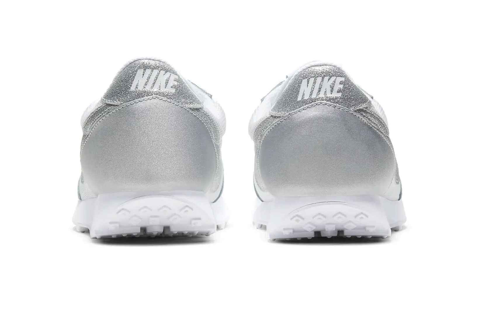 nike daybreak silver metallic glitter swoosh logo sneakers back heel rear tab logo