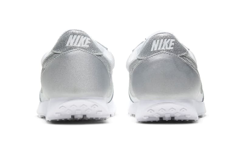 nike daybreak silver metallic glitter swoosh logo sneakers back heel rear tab logo